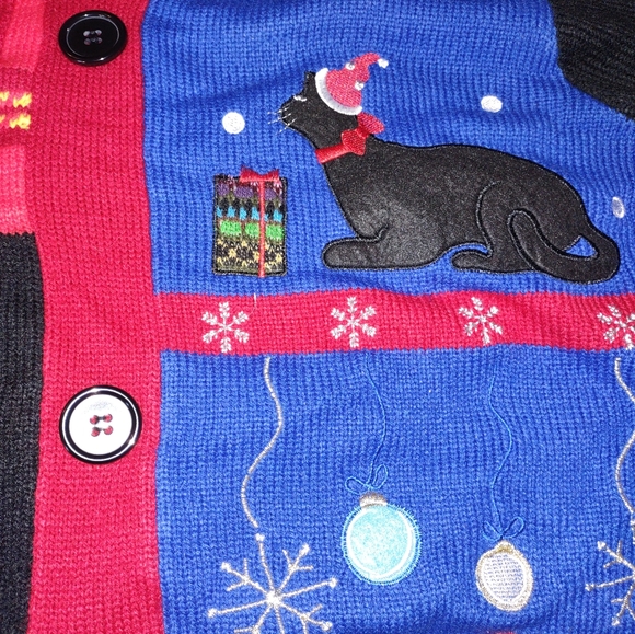 Christmas Cat Lady Black and Red Festive Sweater/Button Up Cardigan Size XL - Picture 4 of 6